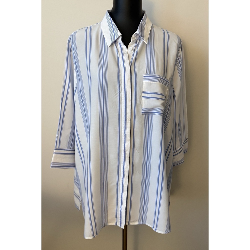 Soft Surroundings Women's PXL Ladson Blue White Stripe Tunic Shirt Blouse Petite